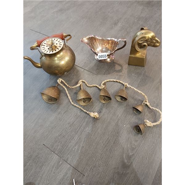 Silver Plated Gravy Boat - Brass Ram's Head Book End - Brass Teapot - String of 6 Brass Bells
