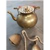 Image 3 : Silver Plated Gravy Boat - Brass Ram's Head Book End - Brass Teapot - String of 6 Brass Bells