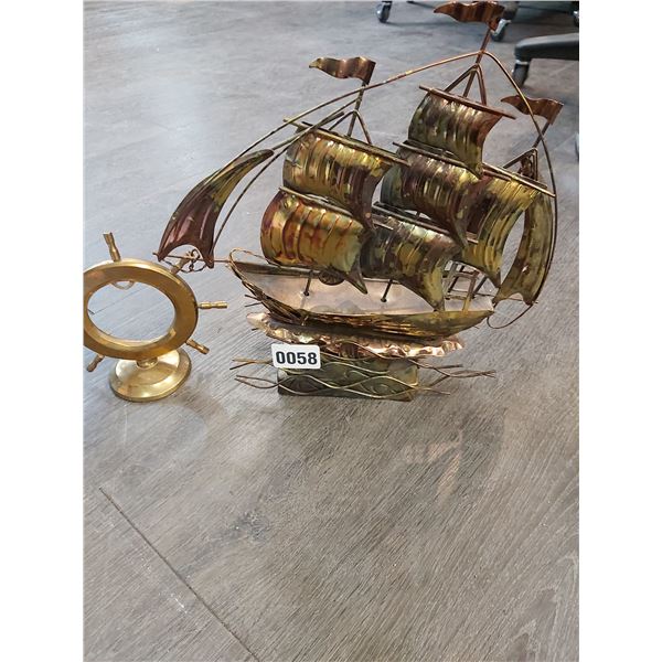 Wind-up Rocking & Musical Brass Ship 12"h x 12"l with Brass Ships Wheel