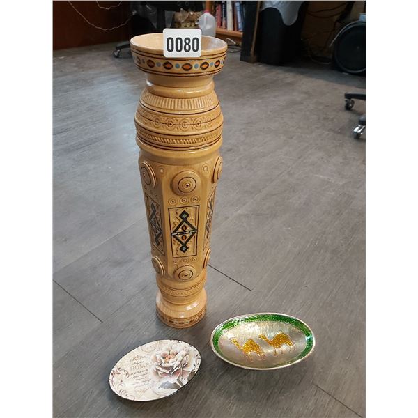 Metal Dish with Sparkled Camels - Decorative Dish - Elaborately Carved Wooden Vase