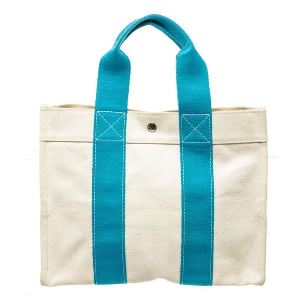 Hermes White Blue Canvas Herline MM Tote Bag