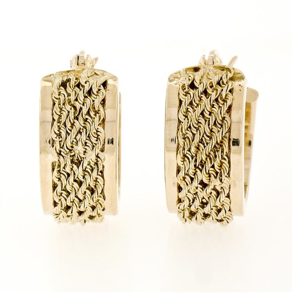 Solid 14K Yellow Gold 4 Row Rope Chain Center Petite Circle Hoop Snap Earrings