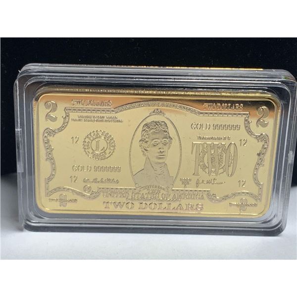 USA New Cased Gold Plated Wafer Bar $2.00 Bill Commemorative