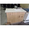 Image 1 : *NEW* Bathroom Cabinet with Deep Sink Basin, Black/Brown Moen Single Stem Faucet and Beige Marble Co