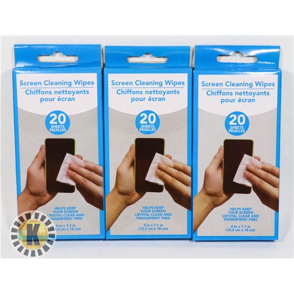 3 NEW 20PACKS SCREEN CLEARING WIPES