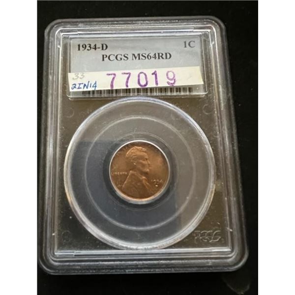 1934-D Lincoln Cent, Choice Uncirculated, PCGS MS-64RD