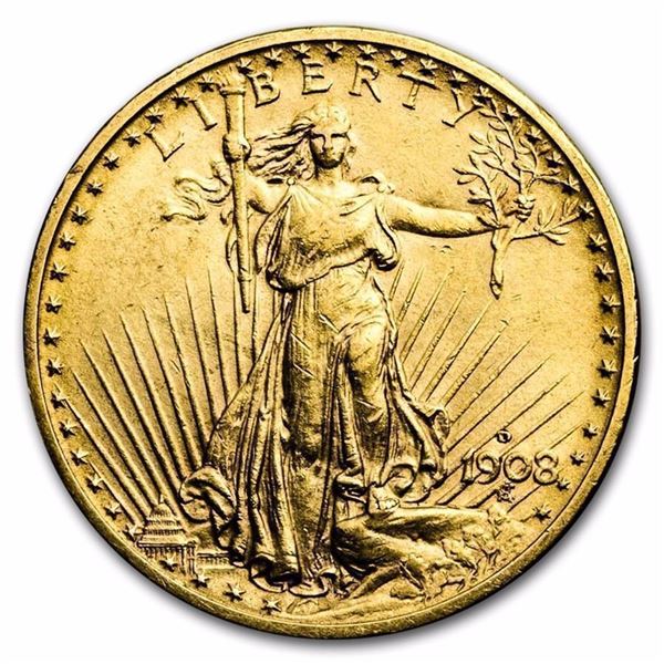 1908-D $20 Saint-Gaudens Gold Double Eagle No Motto