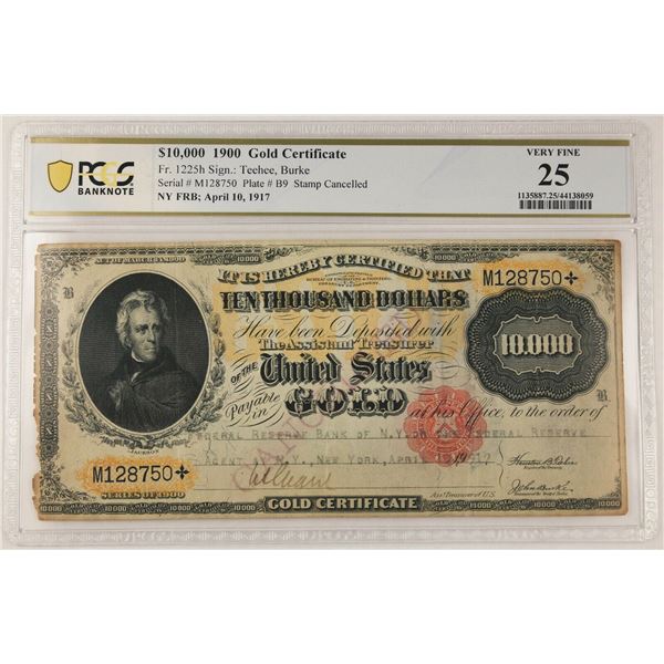 1900 $10,000 Dollar Gold Certificate Large Size Currency Fr-1225H PCGS VF25  HIGH DENOMINATION, LESS