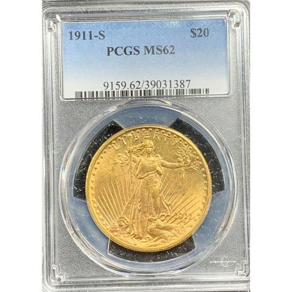 1911-S $20 St. Gaudens Gold Double Eagle MS-62 PCGS