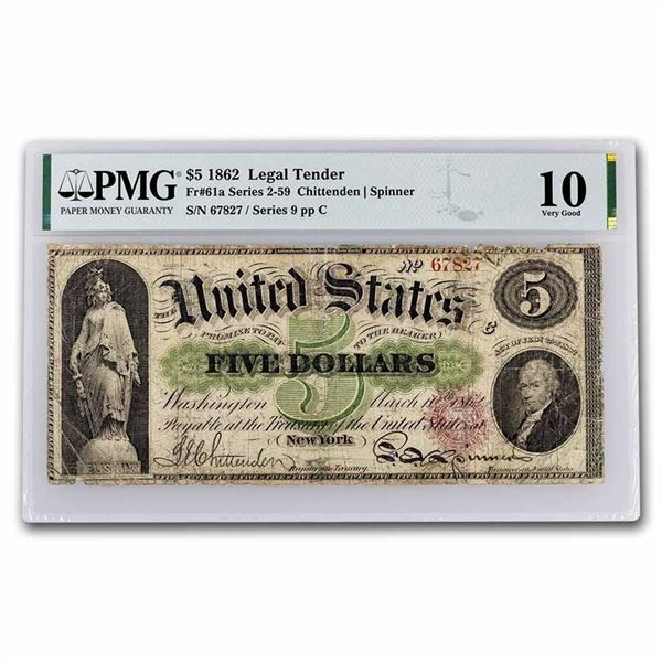 1862 $5.00 Legal Tender Alexander Hamilton VG-10 PMG (Fr#61A) RARE FIND CIVIL WAR NOTE!