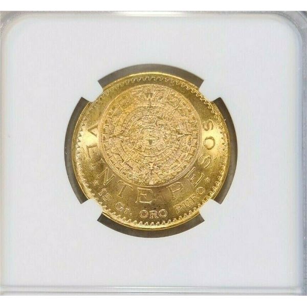 1920/10 MEXICO GOLD 20 PESOS G20P AZTEC SUNSTONE NGC MS 64 SCARCE BU OVERDATE