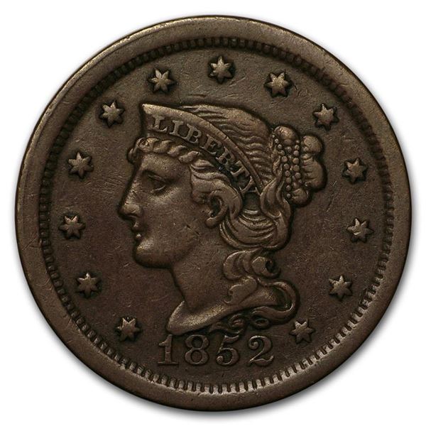 1852 Large Cent, Braided Hair, Choice AU++ Early Date Copper