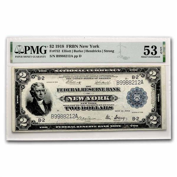 1918 (B-New York) $2 FRBN Battleship AU-53 EPQ PMG (Fr#752)