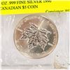 Image 1 : 1 OZ .999 FINE SILVER 1990 CANADIAN $5 COIN