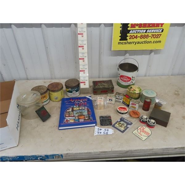 Box of Vintage Tins including 1920's Genuine Lucky Strike Roll Cut Tobacco Tin & 1936 DeLaval Plaque