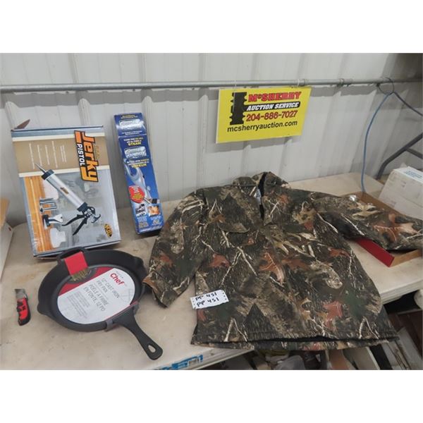 Never Worn LG Camo JAcket, New 12" Cast Frying Pan, New Jerky Pistol, New Grill Daddy Steam Brush