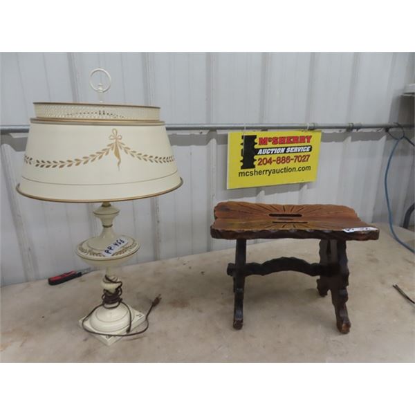 Wooden Carved Stool/Stepper & Vintage Table Lamp