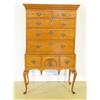 Image 2 : A Queen Anne figured maple fan-carved flat top highboy, Mass
