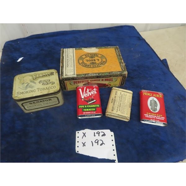 Senator Tobacco Tin, Velvet Pocket Tin w/ Product, Prince Albert Tin w/ Product & Cigar Box