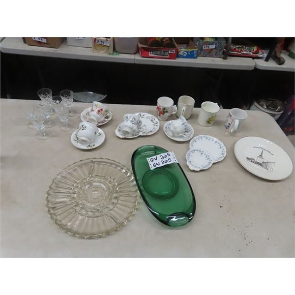 China Cups + Saucers, Royal Albert and others Cut Glass, Trays plus more