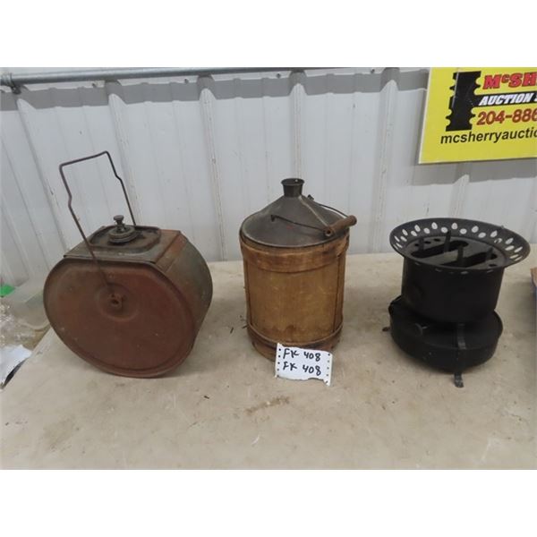 Wood & Metal Fuel Can, Tumbler Style Fuel Can & 2 Burner Cooker