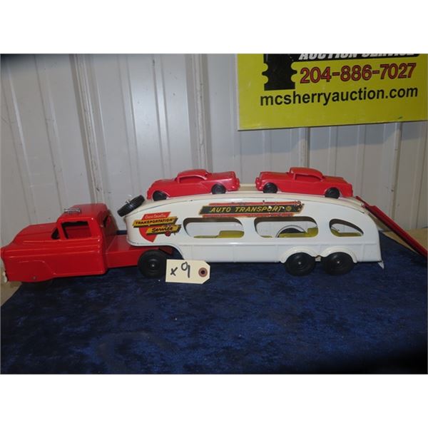 'Mar Auto Transport Pressed Metal Truck & Trailer with Plastic Car & Box 23" L x 5" H x 4" W