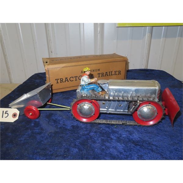 Marx Aluminium Tractor & Trailer Wind Up with Box Working 16" L x 5.5" to top of man x 4" W