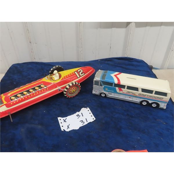 Marx Tin Wind Up Racecar & Jimson Plastic Greyhound Bus Bank 16" L