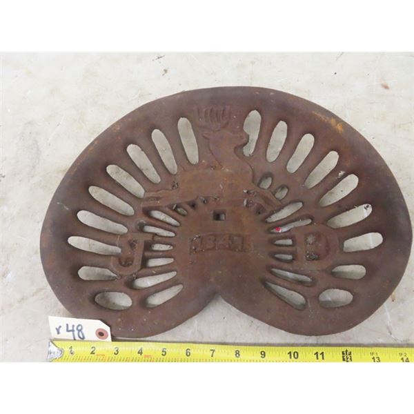 John Deere Cast Implement Seat Marked 1847 with Embossed Full Body Deer
