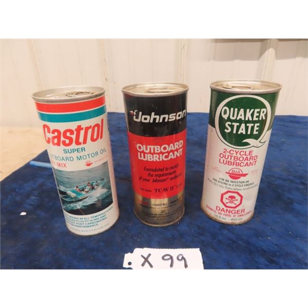 3 Outboard Motor Oil/Lubricant Tins all 16 oz 1) Quaker State, 1) Johnson, 1) Castrol with Product