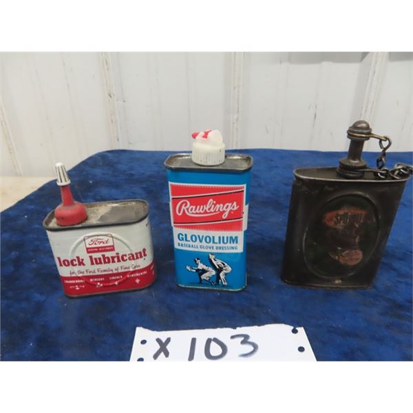 1) Ford Lock Lube Tin 4 oz, 1) Rawlings Baseball Dressing 4oz & 1) Spot Oil