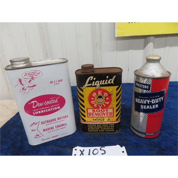 3 Tins; 1) Dew-Coated Outboard Oil 1 US Quart, 1) Red Devil Liquid Soot Remover 1 Pint & 1) Prestone