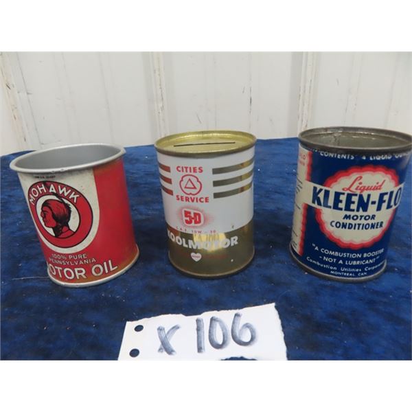 3 Tins; 1) Mohawk MOtor Oil 4oz No Lid, 1) City Service Koolmotor Oil with Bank Lid 4oz & 1) Kleanfl