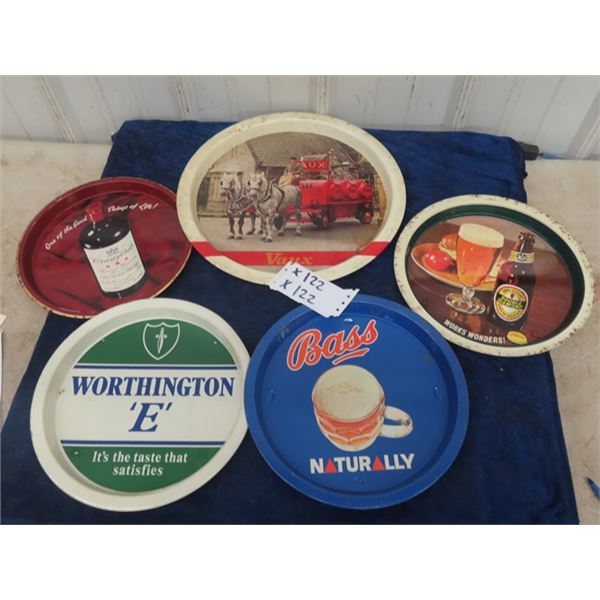 5 Metal Drink Trays all with Advertising 1)14" Rnd 4)10.5" Round