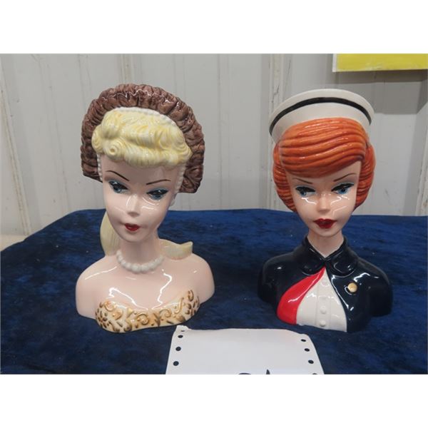 2 Barbie Head Vases 8" Tall