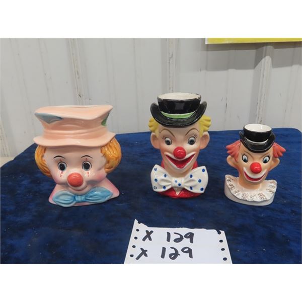 3 Clown Head Vases up to 6" Tall