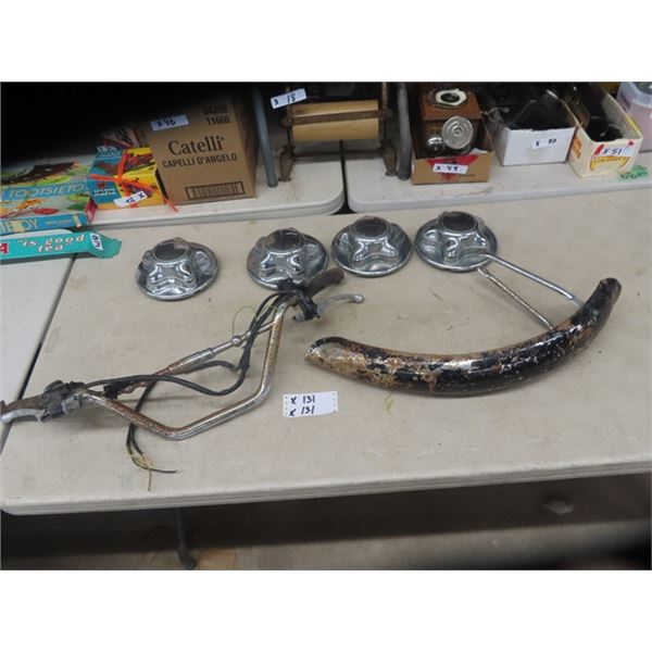 Vintage Motorcycle Handle Bars & Fender & 4 Automotive hubcaps