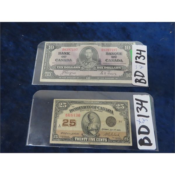 1937 King George V $10 Bill & 1923 25 Cent Shinplaster ( Canadian Bills)