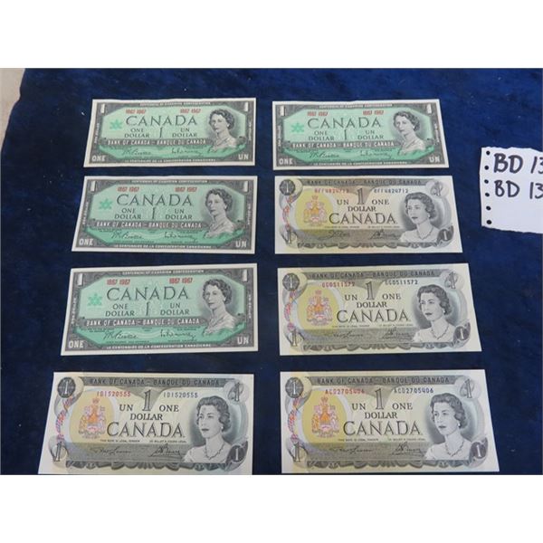 4 Canadian $1 bills 1867-1967 & 4 -1973 $1 Bills