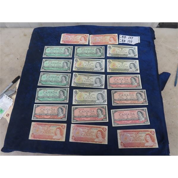 10 Canadian $1 Bills; 5 between 1867- 1967 + 5 1973 &  10 - $2 Bills 5 are 1954 + 5 1974