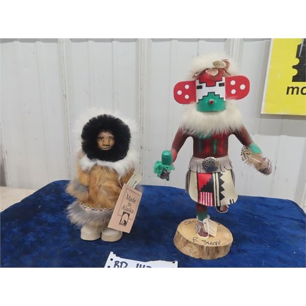 Vintage Wood & Leather 12" Snow Kachina Doll Navajo Indian & Vintage  Alaska Inuit Doll 9" Tall Wood