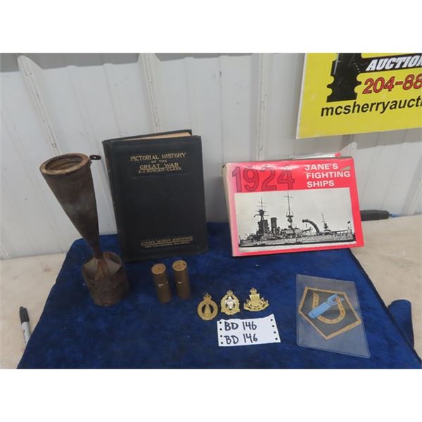 WW2 Mortar Shell, Trench Art Salt + Pepper, 1919 Book Pictoral History of the Great War, U.S.N. Hand