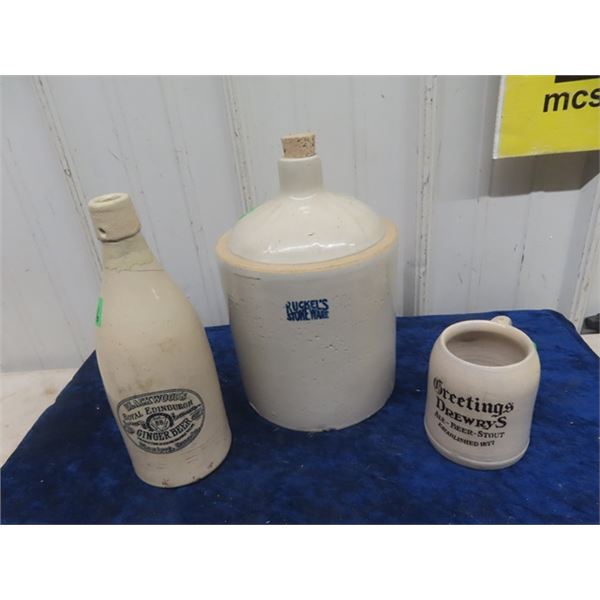 Blackwoods Stoneware Ginger Beer ( repair on neck) Drewrys Stoneware Mug 1920's, Unusual Ruckels Sto