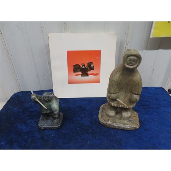 2 Original Inuit Soapstone Carvings; 1) 9" Tall 1) 5" Tall both in good condition & Book