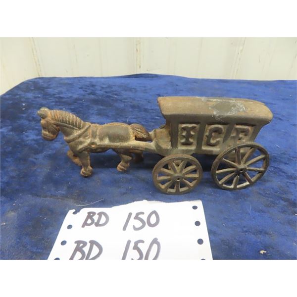 Antique Cast Iron Horse Drawn Ice Wagon 8" Long