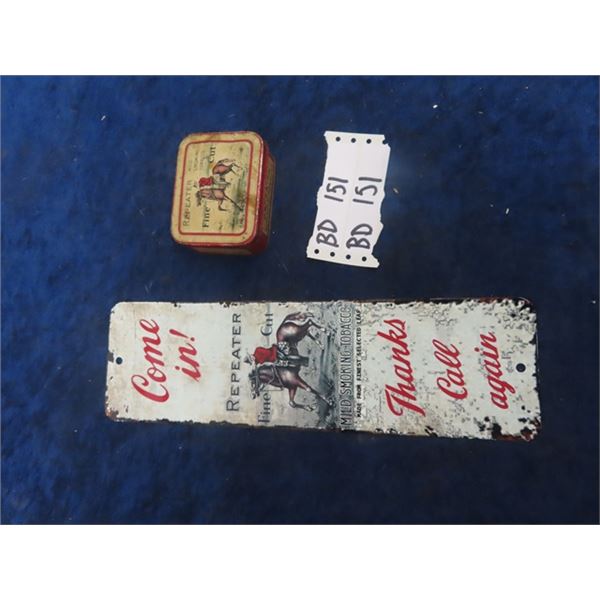 Antique Repeater Tobacco Tin 3 3/4"x 2 3/4"x 1.5" & Repeater Palm Press, Manitoba Made #2 of 20 Prod
