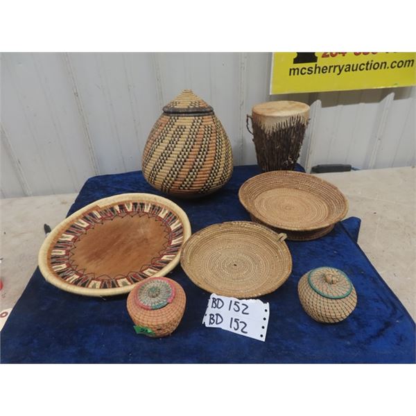 First Nations & Tribal Baskets all in Good Condition & Tribal Drum