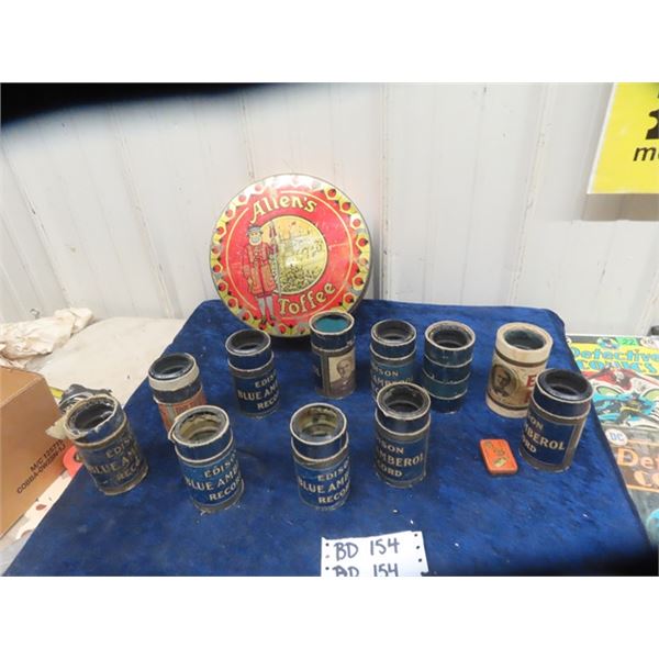 11 Edison Cylinder Records ( over 100 years old) & Antique Gramophone Needle Tin