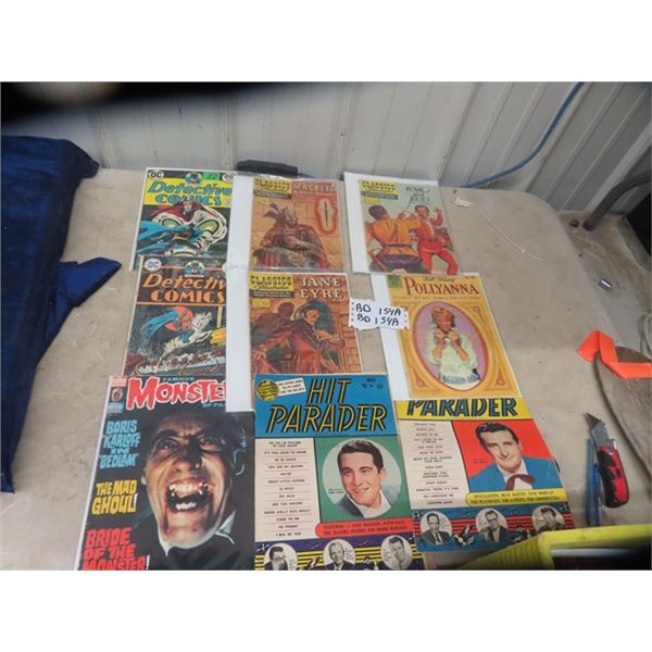 Comics- 15, 20 & 25 Cent- Batman, Classics Illustrated + Monsters of Film Book & 1950's Hit Parade M