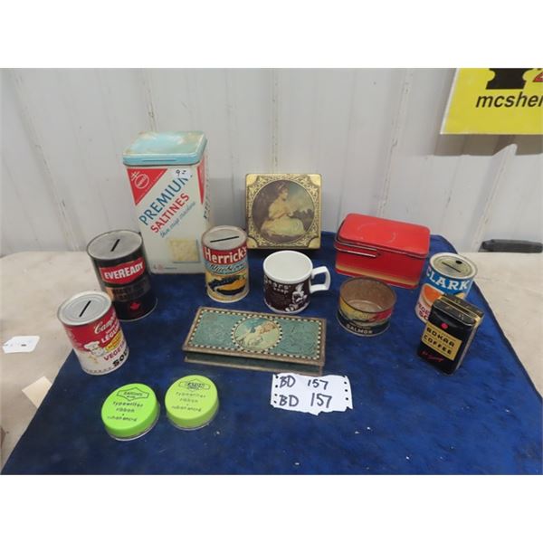 Vinatge Savings Banks Promo Tins, Eaton's Typewriter Ribbon Tins with Product, Henry Clive Silent Mo
